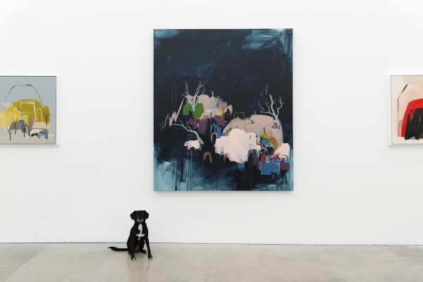 Seonna Hong at Hashimoto Contemporary Los Angeles installation view, paintings in background with dog for scale