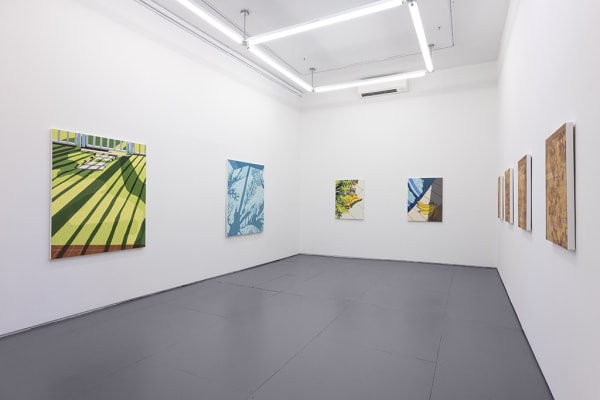Installation view of Natalia Juncadella's solo exhibition at Hashimoto Contemporary (colorful shadow paintings on white walls)