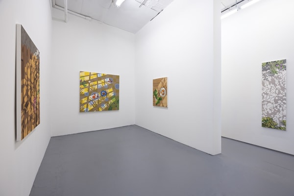 Installation view of Natalia Juncadella's solo exhibition at Hashimoto Contemporary (colorful shadow paintings on white walls)