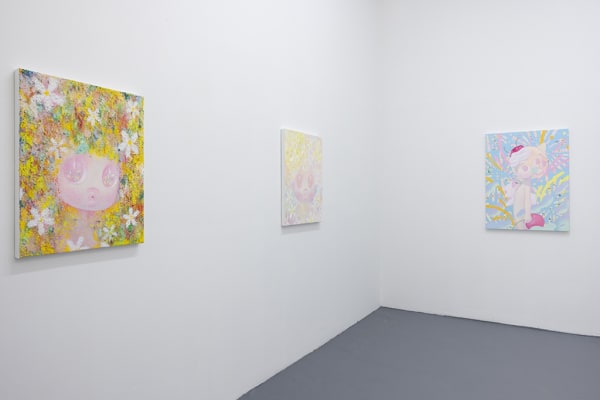 art installation image of 3 paintings by artist So Youn Lee in white wall room for "Over The Moon" show