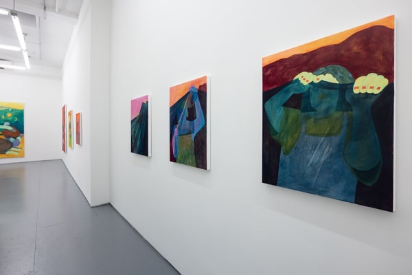 Installation image of blue and red Genevieve Cohn paintings