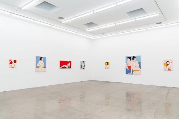 Installation shot of the corner of the south and west gallery wall with the paintings Sucker, Wonder, Pebble Pendant, Sucker, Sun Day and The Escape.