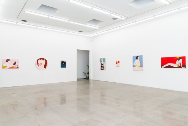 Installation shot of the south and east gallery wall with the paintings Pebble, Wonder, Sucker, Citrus, Olie, Lip Gloss and Calico