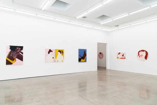 Installation shot of east and north gallery wall with paintings Calico, Coin and Adoration.