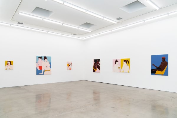 Installation shot of north and west gallery wall with paintings Adoration, Dazzle, The Escape, Sun Day and Clementine.