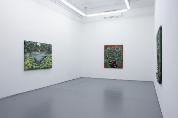 Installation photo of three paintings from the Nic Dyer Exhibition "BREADCRUMB"