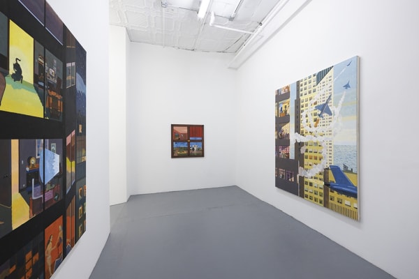 installation photo of "room with a view" exhibition featuring paintings by various artists in white walls