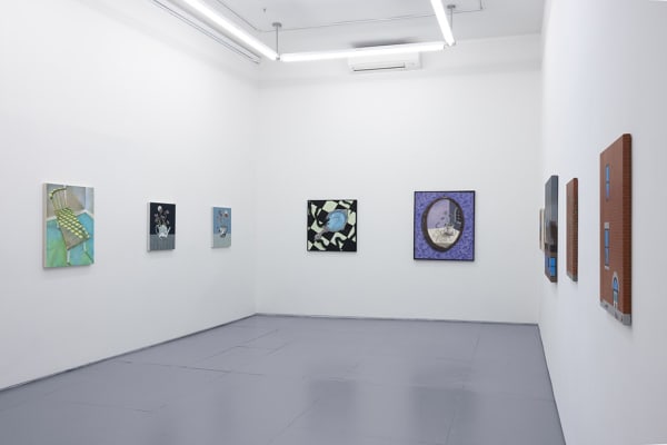 installation photo of "room with a view" exhibition featuring paintings by various artists in white walls