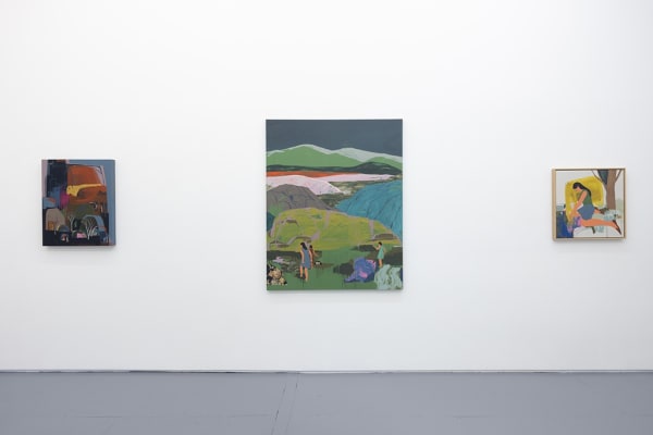 installation view of Seonna Hong artworks hung on white walls