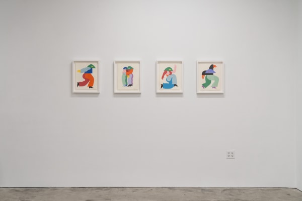 Installation view of four collages in Marbie's solo show "Good Love is Hard to Find," where images of abstracted figures, rendered in bright, color blocked hues, pose in various positions.
