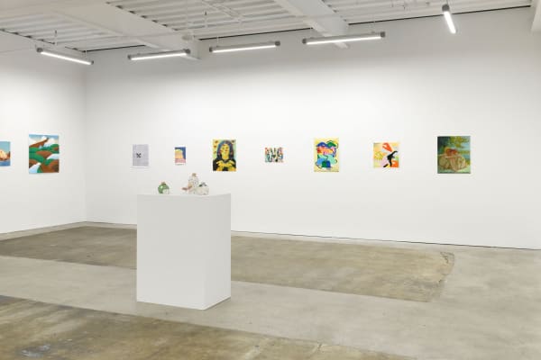 Installation photo of Multiples. Prints from left to right, Pat Perry - "Which World", Bianca Nemelc - "Woman of Moss", Francisco Diaz Scotto - "Espuma De Llanura", Danym Kwon - "You Are My Favorite", Genevieve Cohn - "Sowing Shadows", Michael McGregor - 