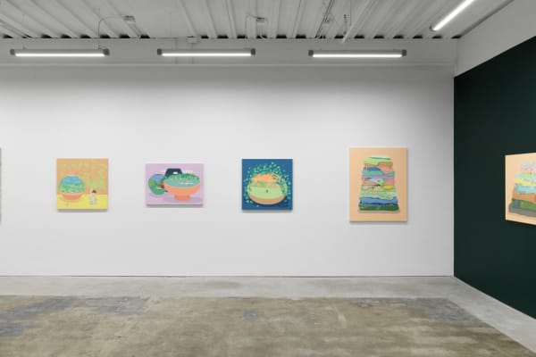 Install photo of Danym Kwon's "A Soft Day." From left to right, "I Wish You Are," "Listening to You," "Heart to Heart," "You Smiled, and Sparkling Light Shined on the Water," "Slow Days."