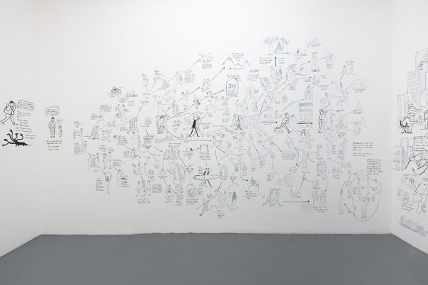 installation photo of mural by artist Jean Jullien for his solo exhibition "Lolo" at Hashimoto Contemporary NYC