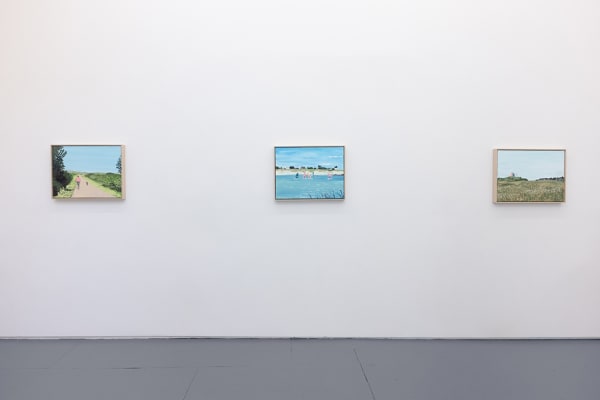 installation photo of three small paintings by artist Jean Jullien for his solo exhibition "Lolo" at Hashimoto Contemporary NYC