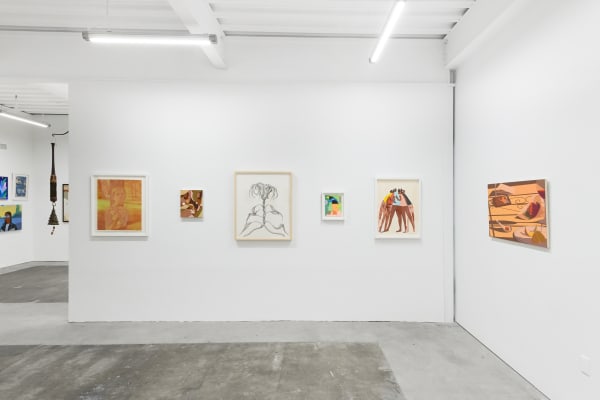 Installation shot of Hashimoto Contemporary's 10 Year Anniversary Group Exhibition featuring works by Rachel Gregor, Liz Flores, Devra Fox, Marbie, Jeffrey Cheung, and Adrian Kay Wong