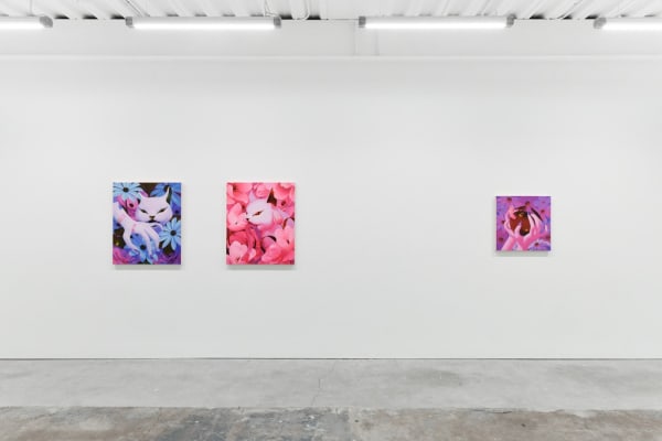 installation view of Megan Ellen MacDonald's exhibition "What Doesn't Kill You" at Hashimoto Contemporary San Francisco. From left to right: "Bite the Hand," "Bad Kitty," and "Spoiled Rotten"