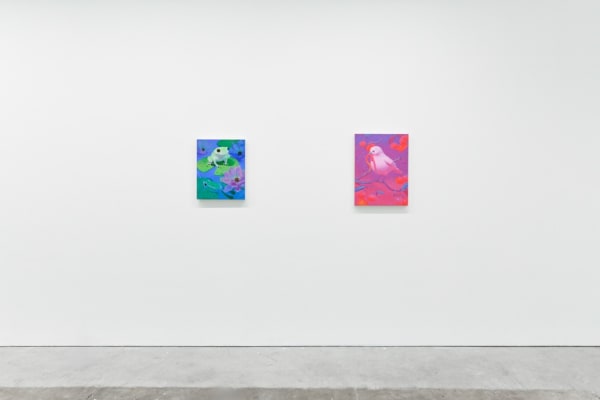 installation view of Megan Ellen MacDonald's exhibition "What Doesn't Kill You" at Hashimoto Contemporary San Francisco. From left to right: "Double Trouble," and "Gummy Worm."