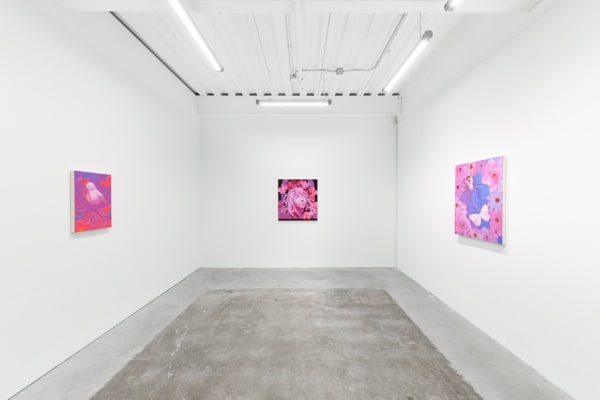 installation view of Megan Ellen MacDonald's exhibition "What Doesn't Kill You" at Hashimoto Contemporary San Francisco. From left to right: "Gummy Worm," "Gentle Monster," and "Captivated."