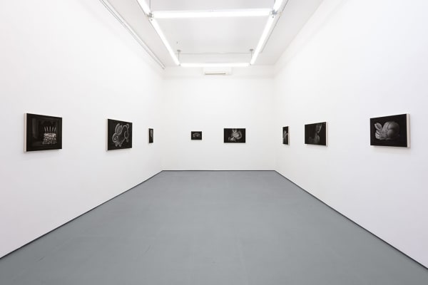 Installation view of Angela Fang Zirbes exhibition "House & Ghosts" featuring greyscale paintings on three white walls