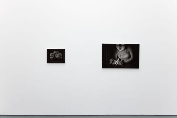 Installation view of Angela Fang Zirbes exhibition "House & Ghosts" featuring two greyscale paintings on a white wall