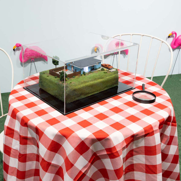 Abigail Goldman diorama sitting on red checkered tablecloth with magnifyer. Turf on ground, pink flamingos in background