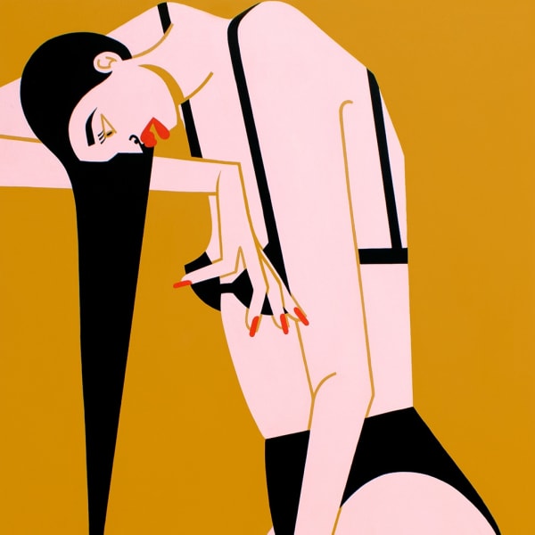 Jillian Evelyn painting of woman in black bikini with yellow background