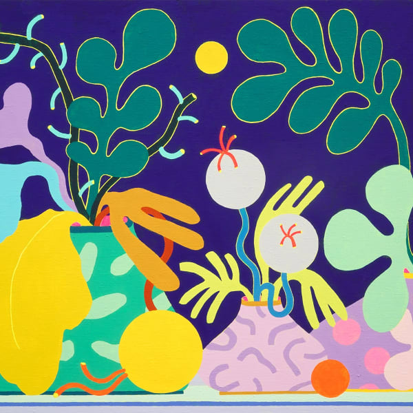 CHIAOZZA painting of three alien-like bouquets in a three vases in a dark background