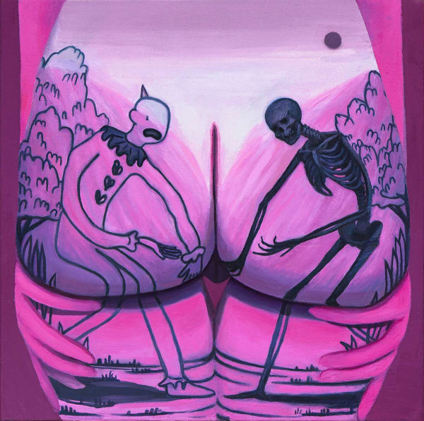Corey K. Lamb - Painting of a human bottom with two hands holding from below the butt. on the skind drew two figure facing each other, left a clown, right a skeleton. both of them stood in between of trees.