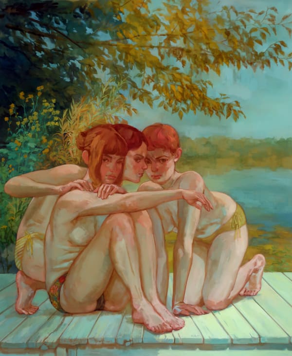 Painting of three females huddles together naked on a dock on a body of water with trees in the background