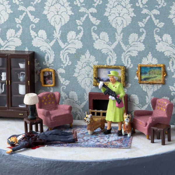 miniature of old woman in green dress and hat holding rifle in living room. Two corgis by her side, dead man laying on ground in front of her