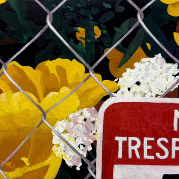 Francisco Diaz Scotto detail of painting of yellow flowers behind chain link fence - foreground has red sign 'no trespassing' which is cropped