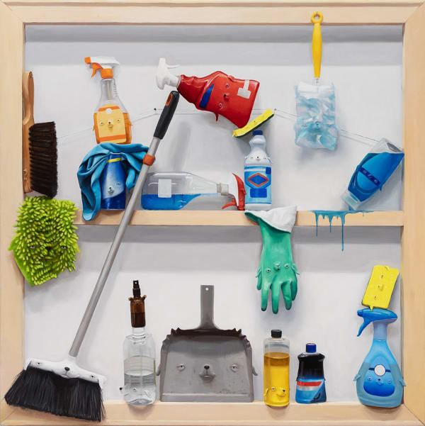 Stephen Morrison trompe l'oeil painting of cleaning supplies with dog faces on them