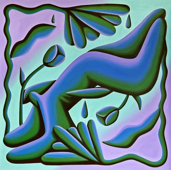 Jocelyn Tsaih abstracted figure and florals in blues, purples and greens