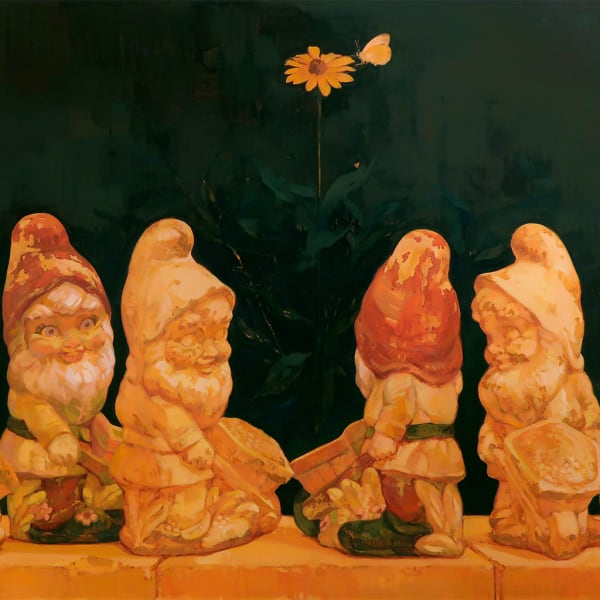 gouache painting by artist Rachel Gregor depicting six orange colored gnomes against a deep teal background