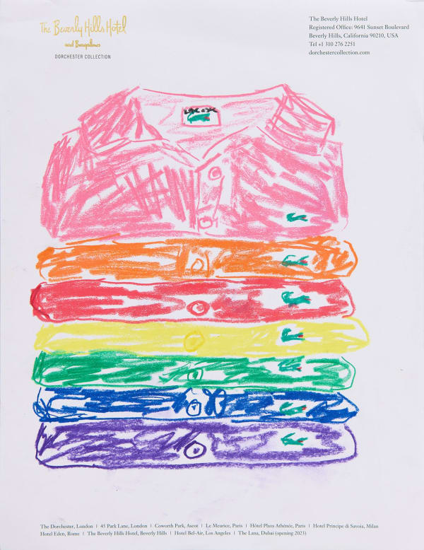 A pencil drawing of colorful Lacoste shirts folded in a neat pile, drawn by Michael McGregor. The drawing is on note paper from the Beverly Hills Hotel.