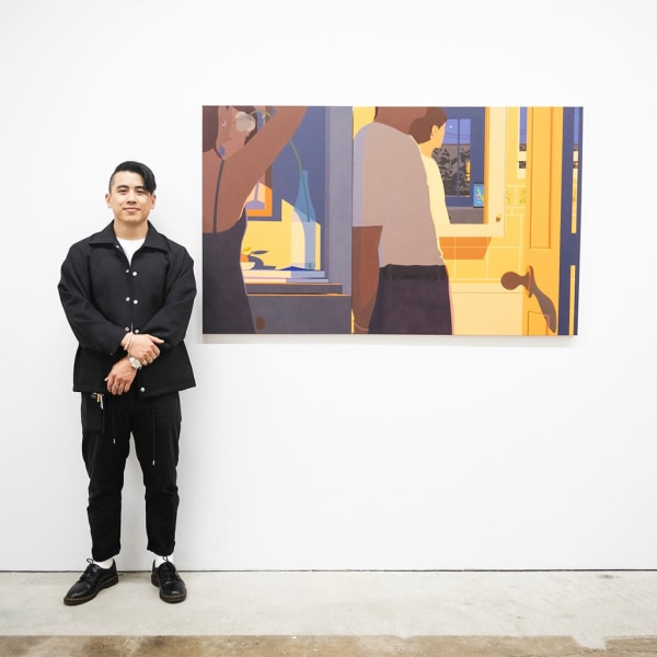 photo of artist Adrian Kay Wong at the opening reception of his latest solo exhibition "Same Time, Same Place," at Hashimoto Contemporary, San Francisco