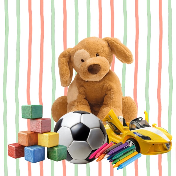 Photo of children's toys in front of a striped background