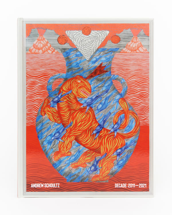Cover of "Decade: 2011 - 2021" by Andrew Schoultz, featuring a painting of a vase with a red beast on it and blue ocean water on a red background