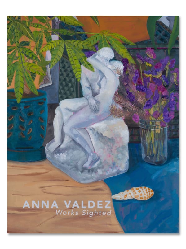 Cover of "Works Sighted" Catalog by Anna Valdez, featuring Valdez painting of plants and small figurine