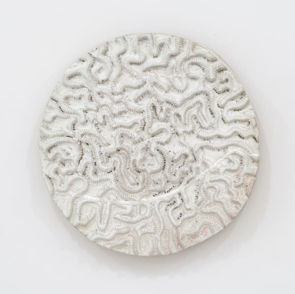 Randi Renate diploria labyrinthiformis (brain coral) .002L, 2024 Glazed stoneware, epoxy, silver Diameter: 22 inches (55.88 cm)