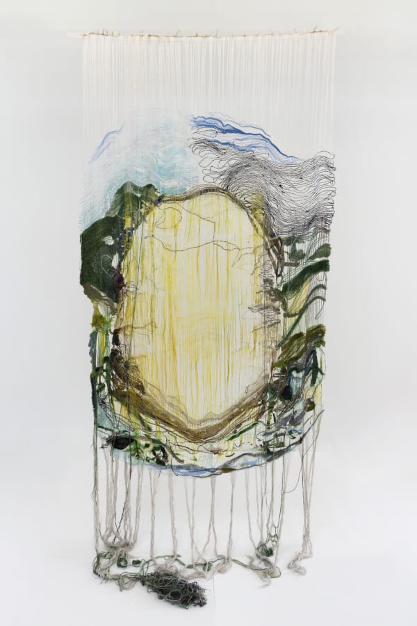 Jacqueline Qiu (b. 1995) Eclose Chew all your leaves, I fear you may have no mouth once you’re grown, 2024 Handwoven tapestry and beading 120 x 50 x 1 inches 304 x 127 x 2 cm
