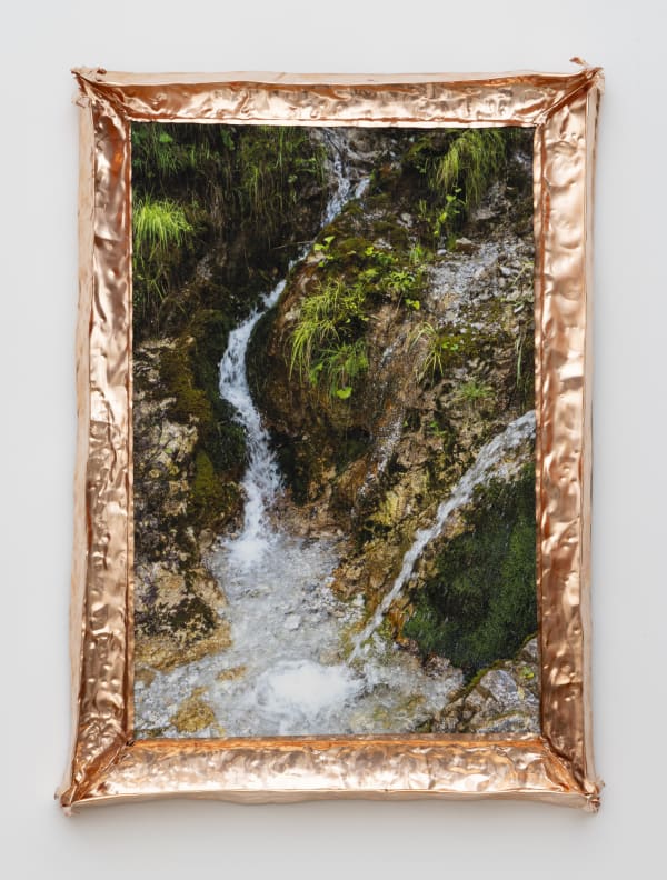 Sasha Fishman (b. 1995) Gutter carver, 2025 Archival inkjet, plywood, copper tacks, gutter copper 15 1/2 x 21 x 3 inches 39 x 53 x 7 cm