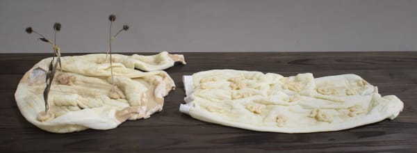 Adriana Gallo Soul House, 2022 Second-hand thermal underwear set (unworn), beeswax, milk pigment, echinacea 24 x 59 x 14 inches 60 x 149 x 35 cm