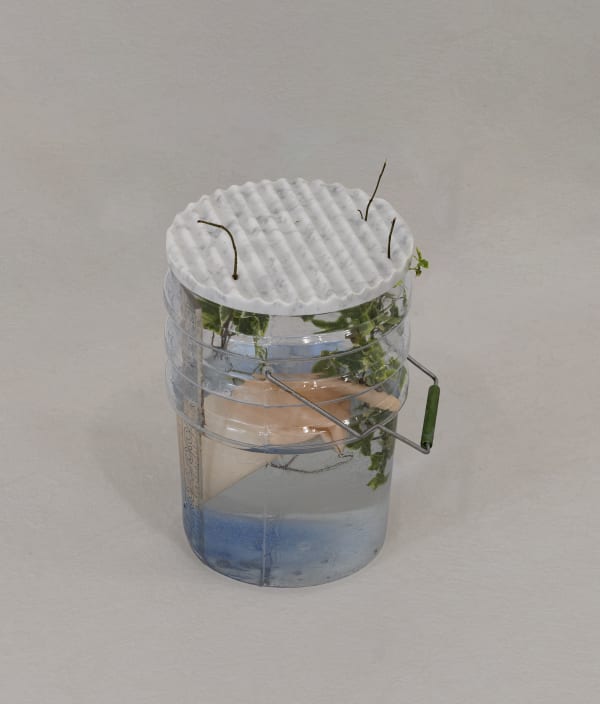 Catherine Telford Keogh Dust Gardens (Cuttings), 2025 Mold-blown glass (Leaktite™ 2-gallon white plastic pail), CNC white marble, steel rod, handmade latex gloves, variegated English Ivy, steel rod, sandblasted glass tube 15 x 10¼ x 10¼ inches 38.1 x 26 x 26 cm