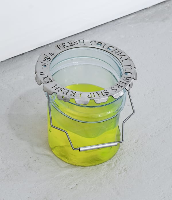 Catherine Telford Keogh Dust Gardens (Golden Shower), 2025 Mold-blown glass (Leaktite™ 2-gallon white plastic pail), waterjet-cut stainless steel, Pine Glo® Kitchen & Bath Household Cleaner, Lemon, steel rod, stainless steel straw 12¼ x 10¼ x 11½ inches 31.2 x 26 x 29.2 cm