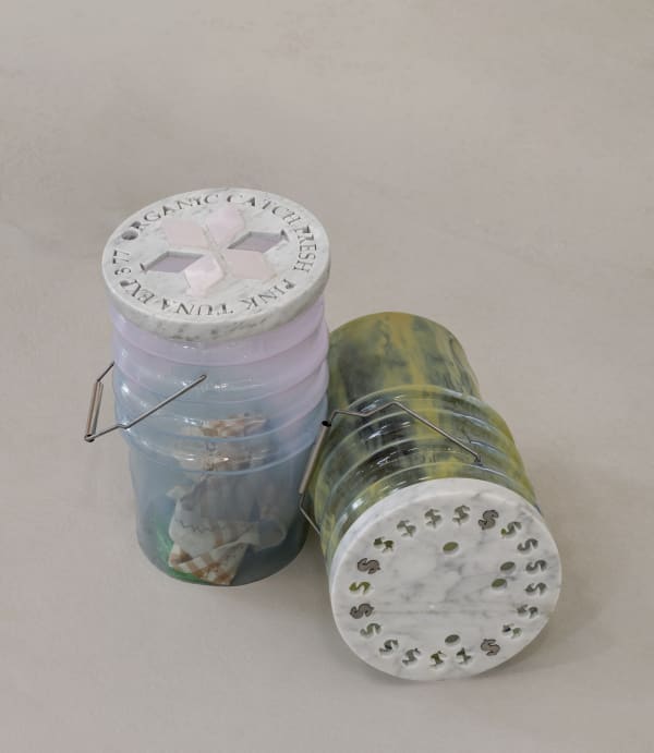 Catherine Telford Keogh Dust Gardens (Pink Tuna), 2025 Mold-blown glass (Leaktite™ 2-gallon white plastic pail), waterjet-cut white marble, steel rod, waterjet-cut pink onyx, Martha Stewart® Holiday Plaid Napkin, steel rod, plastic bag fragment, stainless steel drinking straw, cast silicone found cockroaches 17¼ x 10¼ x 10¼ inches 43.7 x 26 x 26 cm