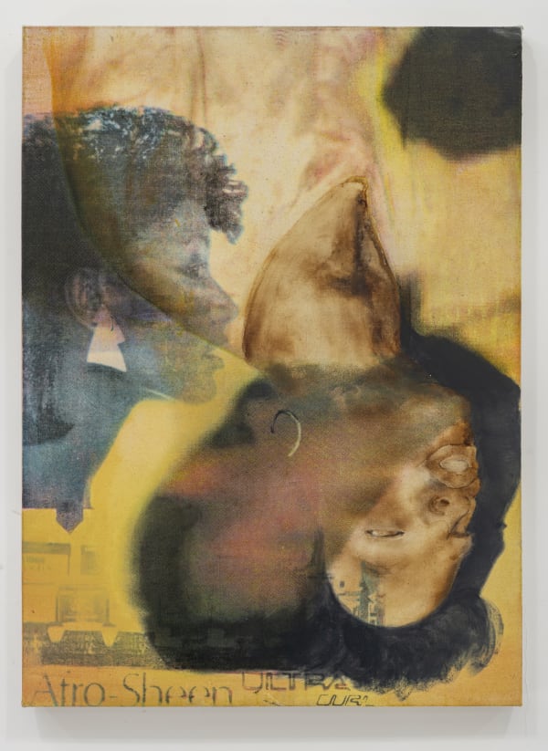 Africanus Okokon Just Looking, 2025 Burn marks, oil, silkscreen ink on canvas stretched over panel 40 x 22 inches 101 x 55 cm