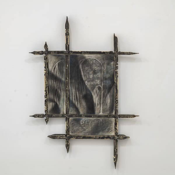 Kent Rhodebeck Still By, 2025 Wood, fabric, spray paint, water-soluble graphite, oil pastel 20 x 27 inches 50 x 68 cm