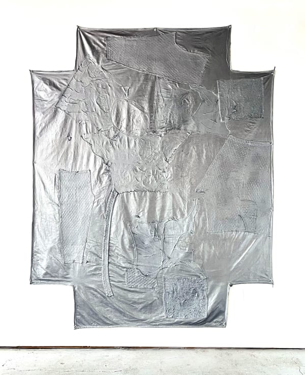 Tamen Pérez Silver Capsule, 2023 Smashed phone charger, worn clothes, acrylic paint and flashe on fitted cotton bedsheet 96 x 120 inches 243 x 304 cm