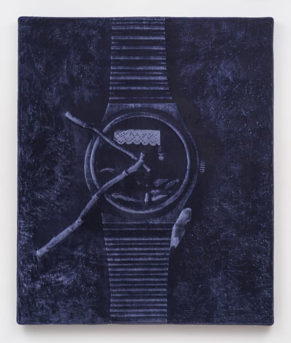 Lior Modan, "L’hiver", 2025 Velvet, wood, resin, polystyrene, driftwood, foam, sand,cardboard, epoxy putty in cast rubber frame, 54 x 45 inches (137.16 x 114.30 cm)